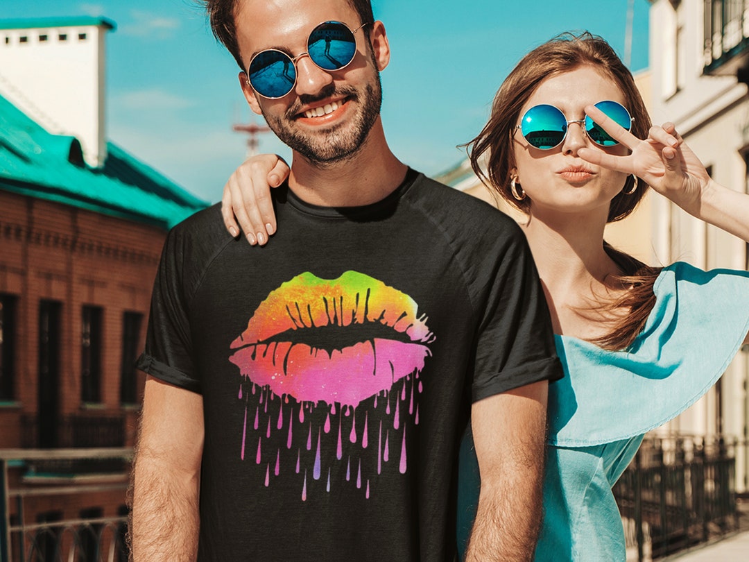 Neon Dripping Lips Mens Tshirt Etsy