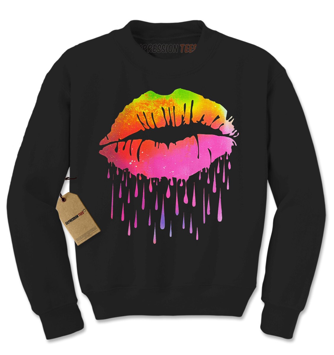 Crewneck Rainbow Paint Drip Lips Long Sleeve Abstract | Etsy
