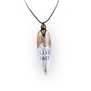 Handmade surfboard shape necklace "live fast" for men - driftwood necklace - surf art jewelry - water resistant necklace - gemstones