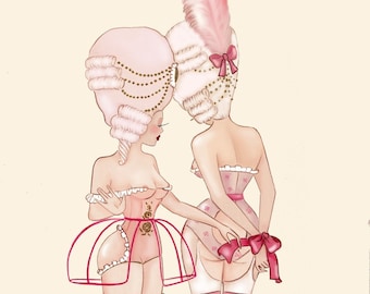 Pink Ribbons - Artprint | Madame Dabi | Rococo illustration | Marie Antoinette Hair | Versailles | Baroque dress | Gift for her