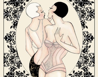 The Kiss - Artprint | Madame Dabi | Valentine day gift print | Vintage flapper illustration | flapper dress 1920