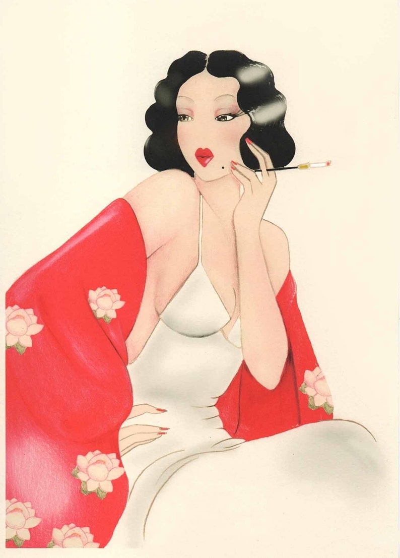 Red Kimono Limited Edition Artprint Madame Dabi Vintage Kimono Art Deco Print Flapper Dress Gift for her the Parisian street image 1