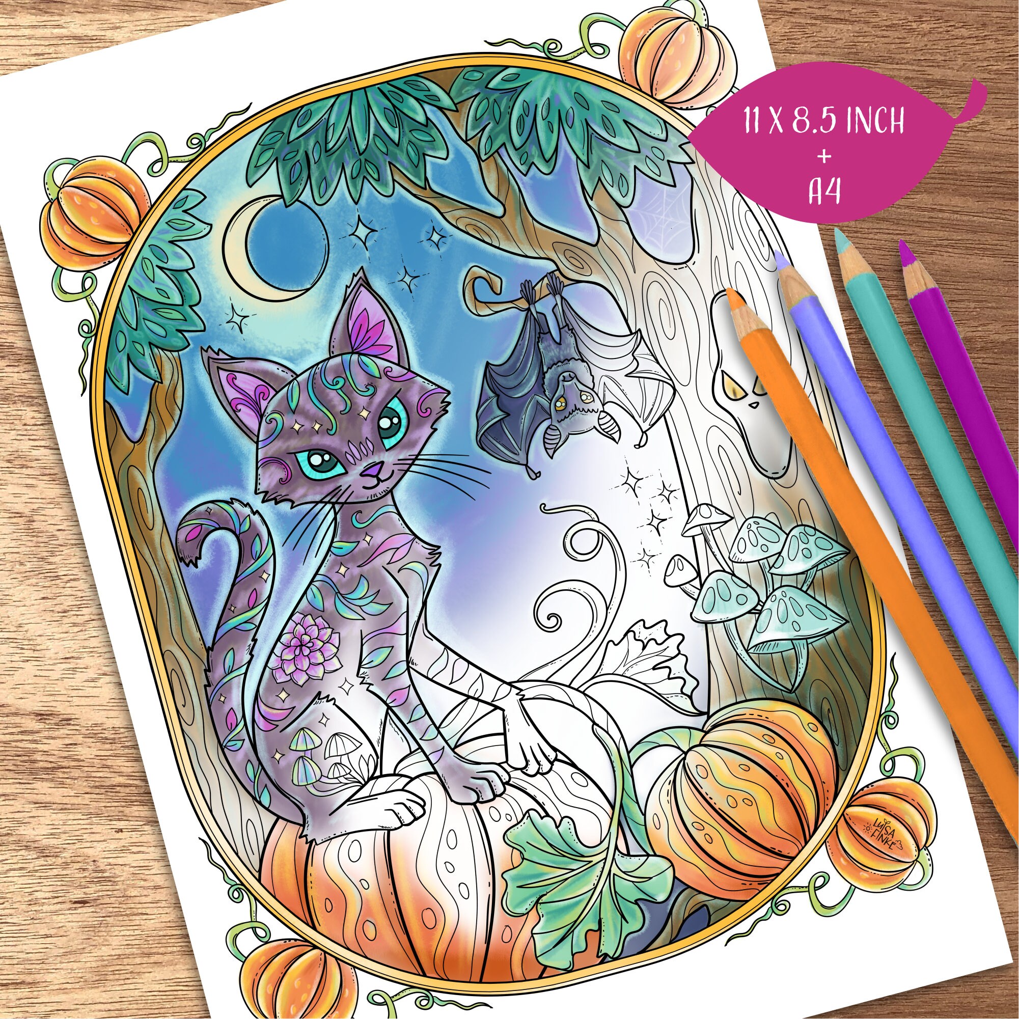 Cat Coloring Page Pumpkin Coloring Halloween Coloring Page - Etsy