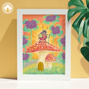 May include: A red and white mushroom with a ladybug on top. The mushroom has a small door and is surrounded by green four-leaf clovers.