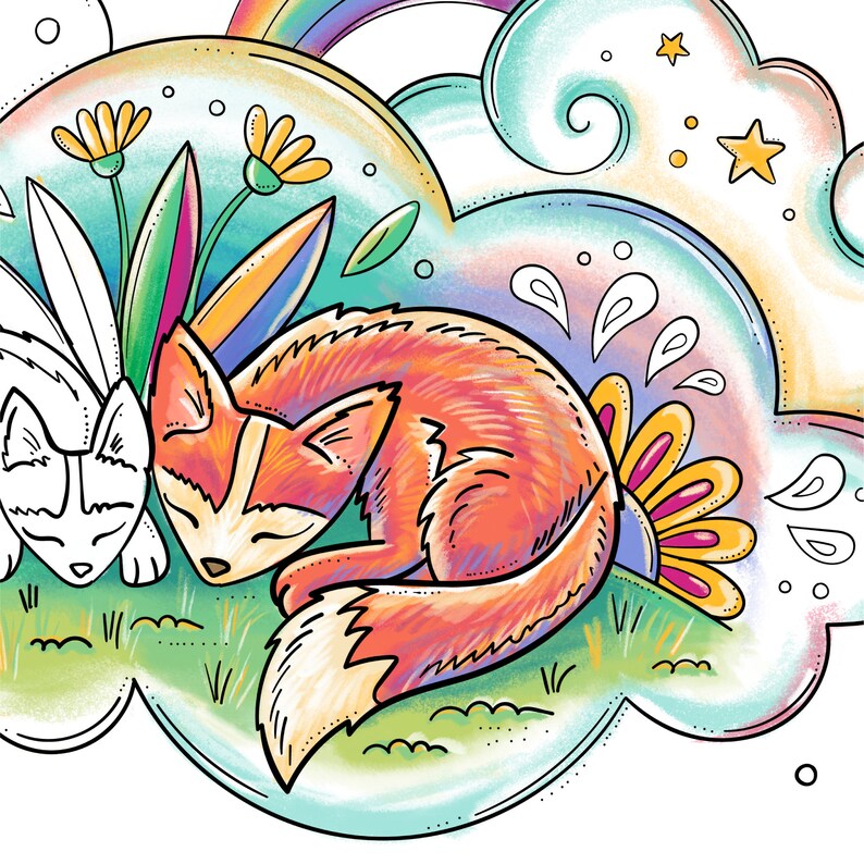 Fox Coloring Page in a Fantasy Forest With Rainbow and Clouds | Cute ...