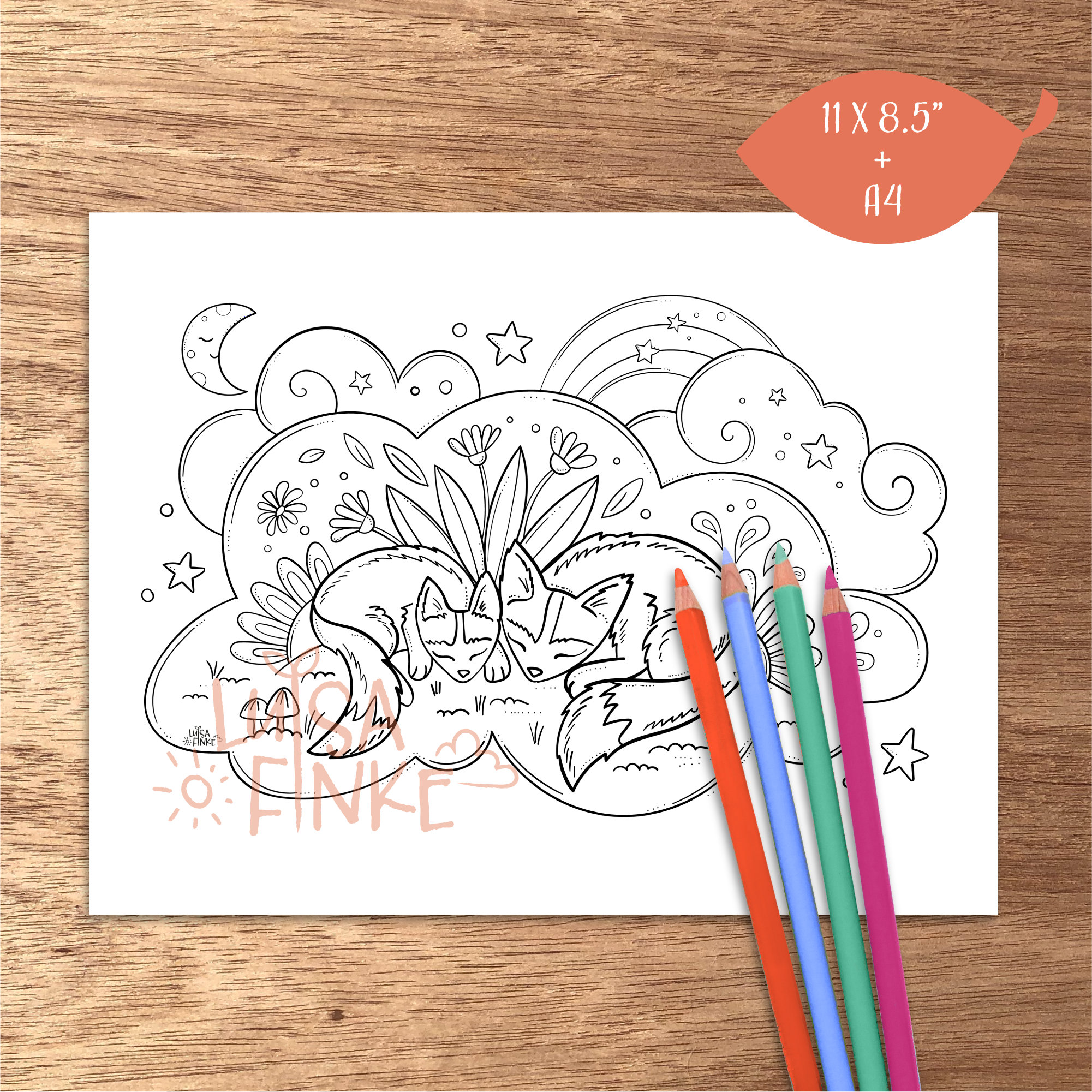 Fox Coloring Page in a Fantasy Forest With Rainbow and Clouds | Cute ...