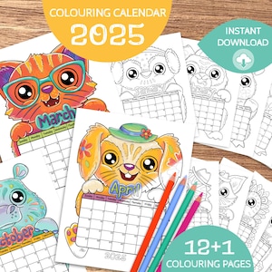 2025 Coloring Calendar with Cute Animals | 12+1 Coloring Pages | Sunday & Monday Start | For Kids and Adults| Printable Download| Non-AI art