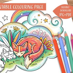 Fox Coloring Page in a Fantasy Forest with Rainbow and Clouds | Cute and Fun Animal Coloring for Adults and Kids | Printable Download