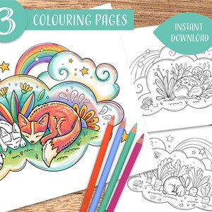 SET of 3 Cute Animal Coloring Pages with Fox, Bunny & Deer in Clouds and Rainbows | Fun Coloring for Adults and Kids | Download | Non-AI art