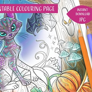 Midnight Cat Coloring Page with Pumpkin, Spooky Bat and Mushrooms | Cute and Fun Autumn Coloring for Adults and Kids | Printable Download
