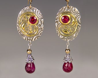 Fine Silver, Gold and Ruby Earrings