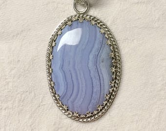 Blue Lace Agate and Sterling Silver Pendant
