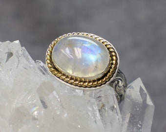 Rainbow Moonstone, Sterling Silver and 14K Gold Ring - Size: 10