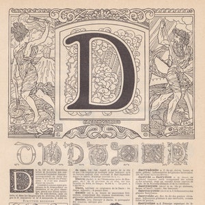 Litografía original de la letra D del alfabeto francés de LAROUSSE Nouveau Larousse illustré Paris Edition 1922