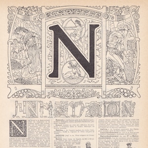 Alphabet français original Lettre N Lithographie de LAROUSSE Nouveau Larousse illustré Paris Edition 1922