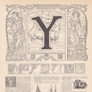 Original Französisches Alphabet Buchstabe Y Lithographie von LAROUSSE Nouveau Larousse illustré Paris Edition 1922 - A