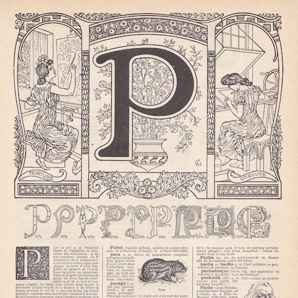 Alphabet Français Original Lettre P Lithographie de LAROUSSE Nouveau Larousse illustré Paris Edition 1922