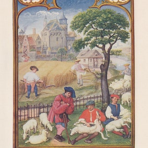 Antique 1900 Medieval Period Sheep Shearing Original German Lithograph Print Hans Kraemer from Weltall und Menschheit 1900 edition image 1