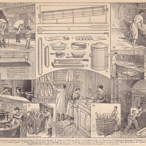 Vintage Original Französisches Brot Brotbacken Boulanger Lithographie Larousse illustré Paris Edition 1922 NLA22