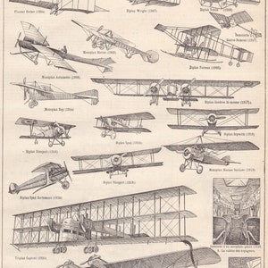 Vintage Original French Airplanes Flight Biplane Aircraft  Lithograph  Larousse illustré Paris Edition 1922 NLA22