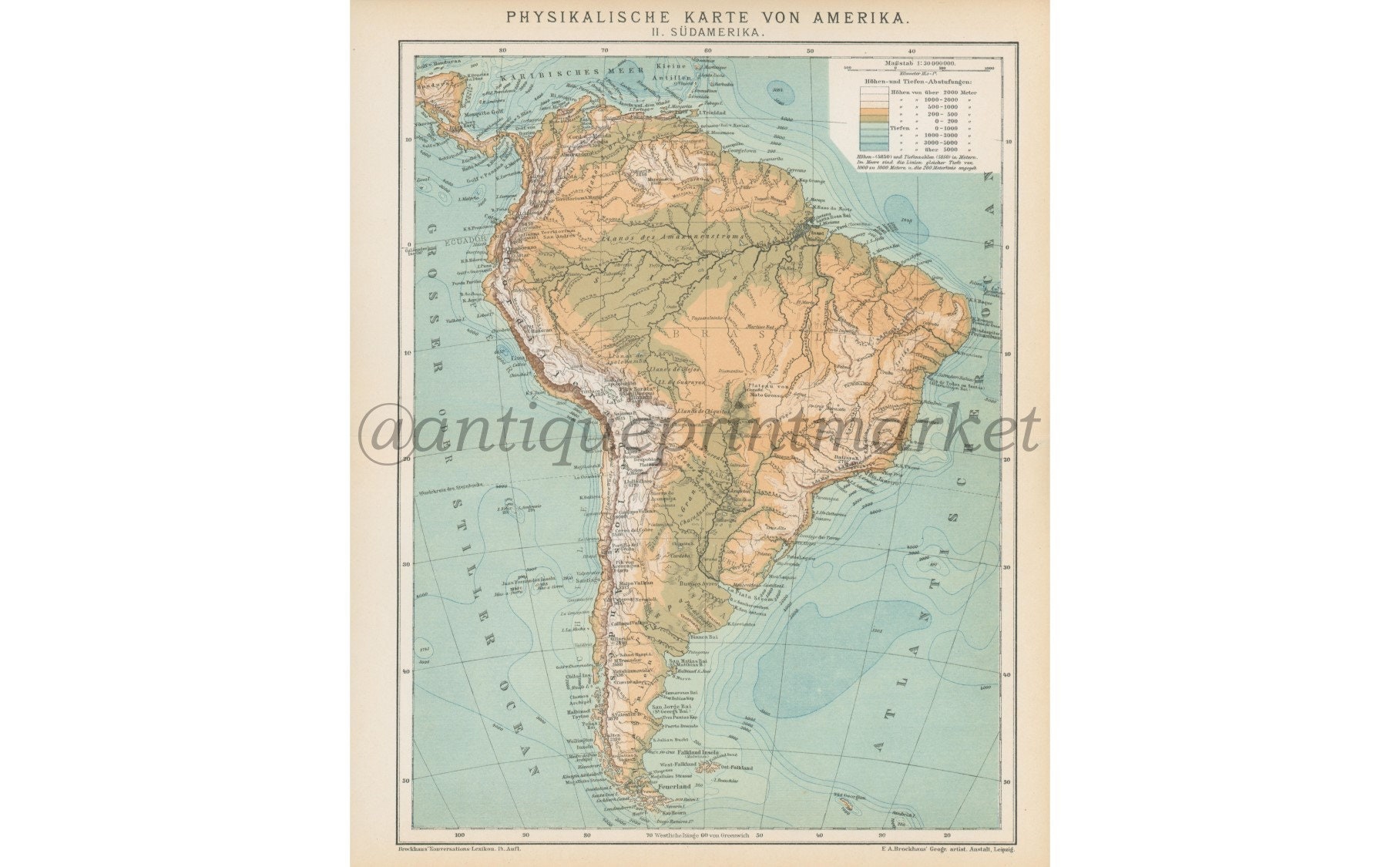 Antique 1892 South America Terrain Map German Lithograph Print ...