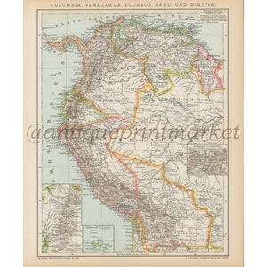 Antike 1892 Karte von Südamerika Kolumbien Kolumbien Ecuador Peru Bolivien Deutsch Lithographie Druck Buch Platte BRX01