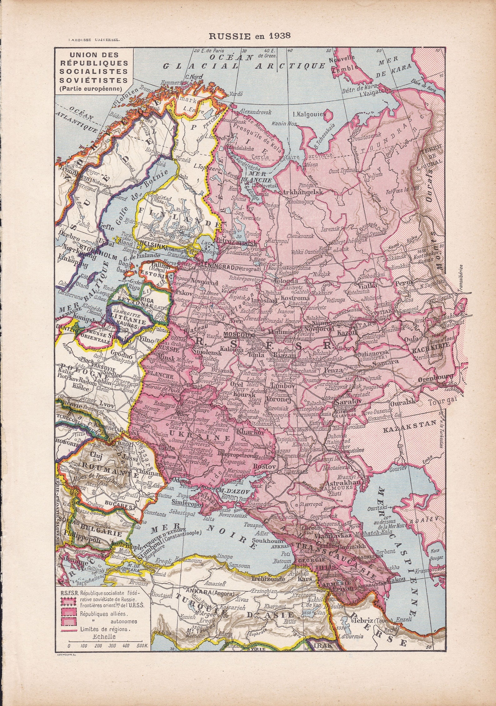 Vintage Map of Russia Original 1939 French Lithograph From LAROUSSE Vintage Map of Russia Original 1939 French Lithograph From LAROUSSE