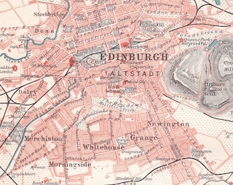 Antique 1895 Map of Edinburgh Scotland  German Chromolithograph Lithograph Print Original MS1