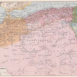 北アフリカのヴィンテージ地図 オリジナル 1922 年フランス リトグラフ LAROUSSE Nouveau Larousse illustré パリ版