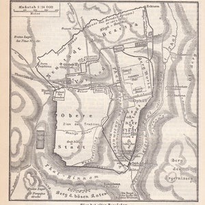 Antike 1887 Karte von Jerusalem Naher Osten Judäische Berge Deutsch Chromolithographie Lithographie Druck Meyers Konversations-Lexikon VO L9