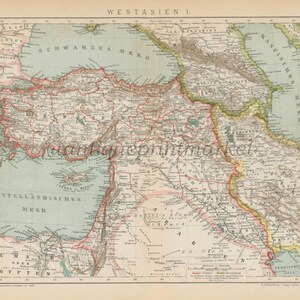 Antike 1892 Karte von West asiatischen Persien Arabien Deutsch Chromolithographie Lithographie Druck Buch Platte Brockhaus Konversations-Lexikon BRX01