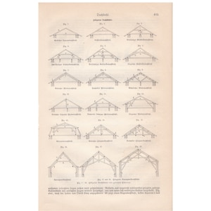 Puede incluir: Una impresión antigua que presenta varios diseños arquitectónicos de tejados, etiquetados en alemán. La página está envejecida con un tono marrón claro, y las ilustraciones son dibujos lineales detallados en tinta negra. Los diagramas muestran diferentes estructuras de tejados.
