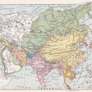 アジアのヴィンテージ地図 オリジナル 1922 年フランス リトグラフ LAROUSSE Nouveau Larousse illustré パリ版