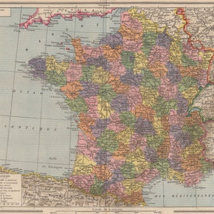 Vintage Mapa de Francia Litografía francesa original de 1939 de LAROUSSE Nouveau Larousse illustré Paris Edition