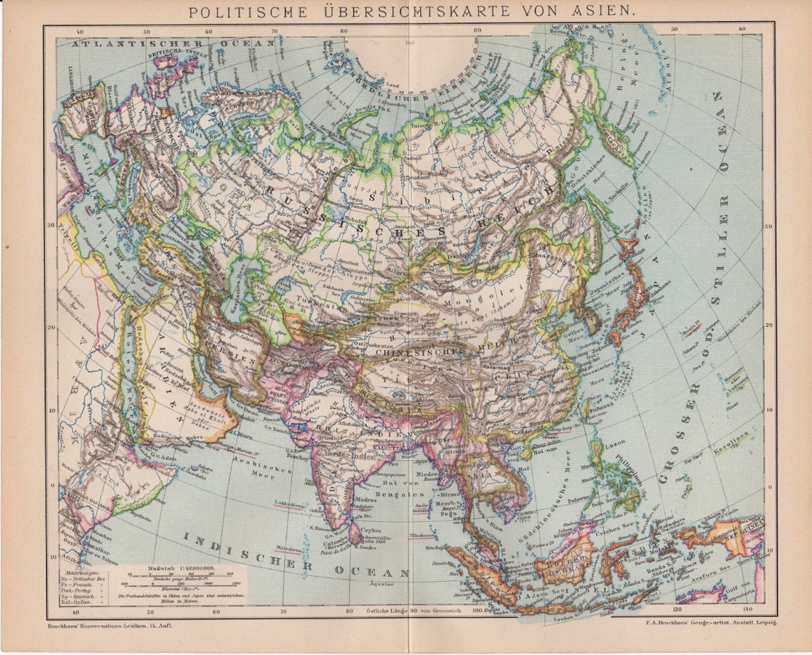Antique 1900s Political Map of Asia Asian Continent German | Etsy