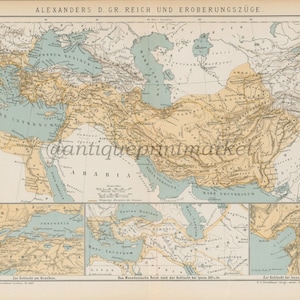 Antike 1892 Karte von Alexander dem Großen Reich Deutsch Chromolithographie Lithographie Druck Buch Platte Brockhaus Konversations-Lexikon BRX01