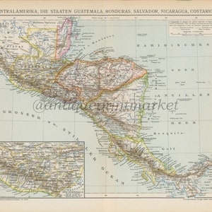 Antik 1892 Mittelamerika Guatemala Honduras Salvador Nicaragua Costa Rica Karte Deutscher Druck Buch Platte Brockhaus Lexikon BRX01