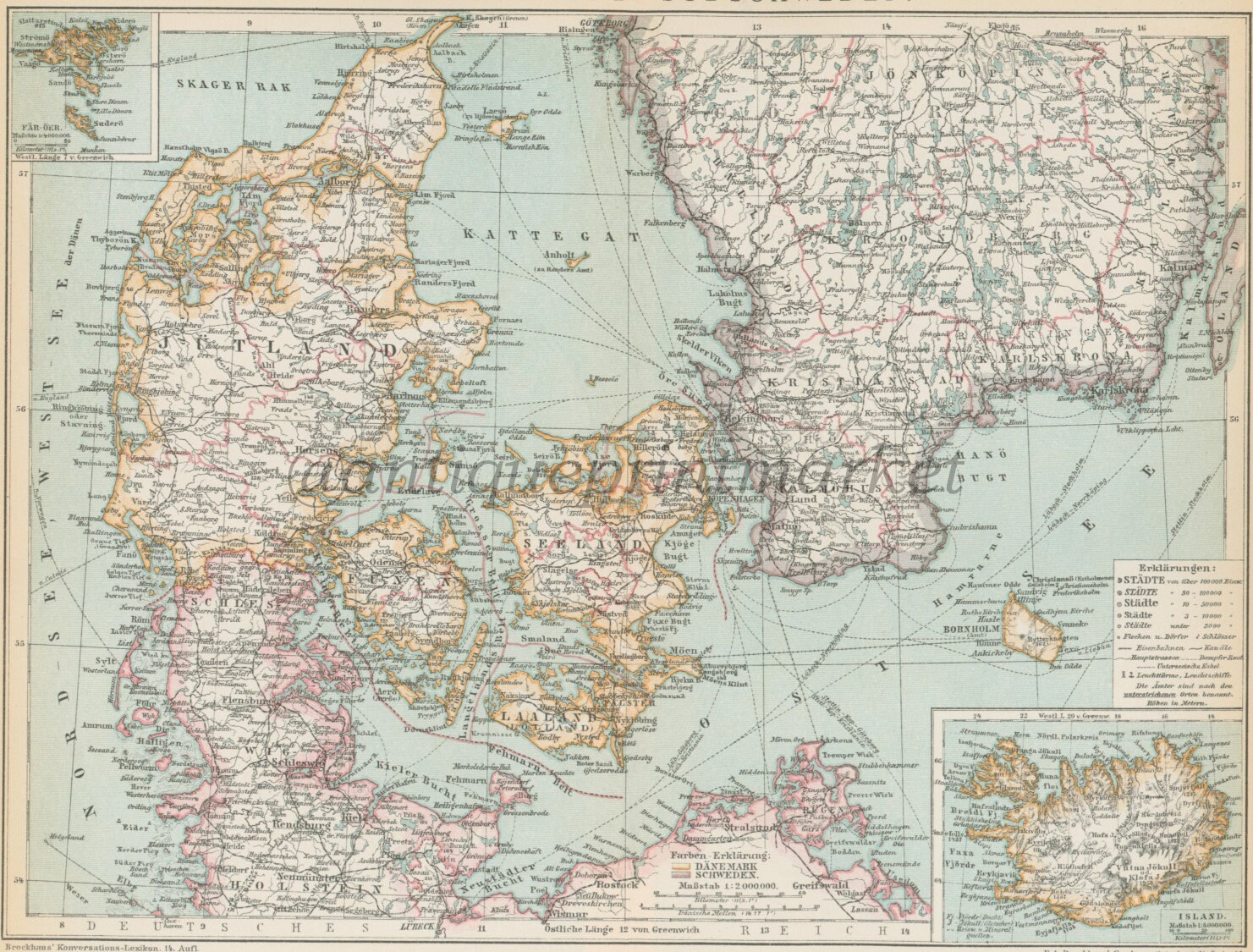 Antique 1892 Map of Sweden Denmark German Chromolithograph Print