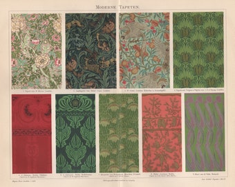 May include: A vintage print showcasing various wallpaper designs. The top row features floral and bird patterns in shades of green, pink, and blue. The bottom row displays geometric and nature-inspired motifs in red, green, and brown. The text "MODERNE TAPETEN" is at the top.