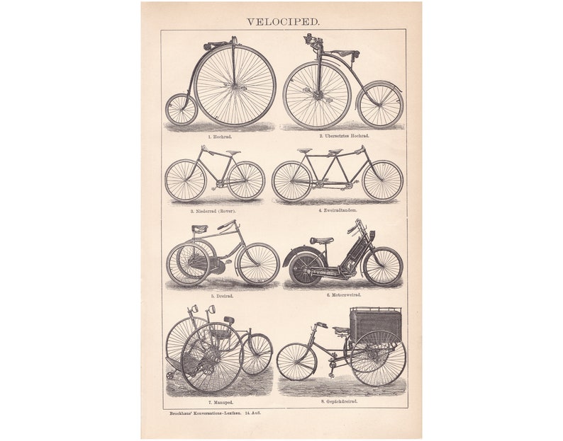 Antique 1892 Bicycles Cycling Bikes German Chromolithograph Lithograph Print Vintage Decor Collection Celebration BR1 image 1