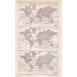 Antique 1892 Weather Meteorology Climate World Isobar Map  German Chromolithograph Lithograph Print Vintage Decor Collection Celebration BR1