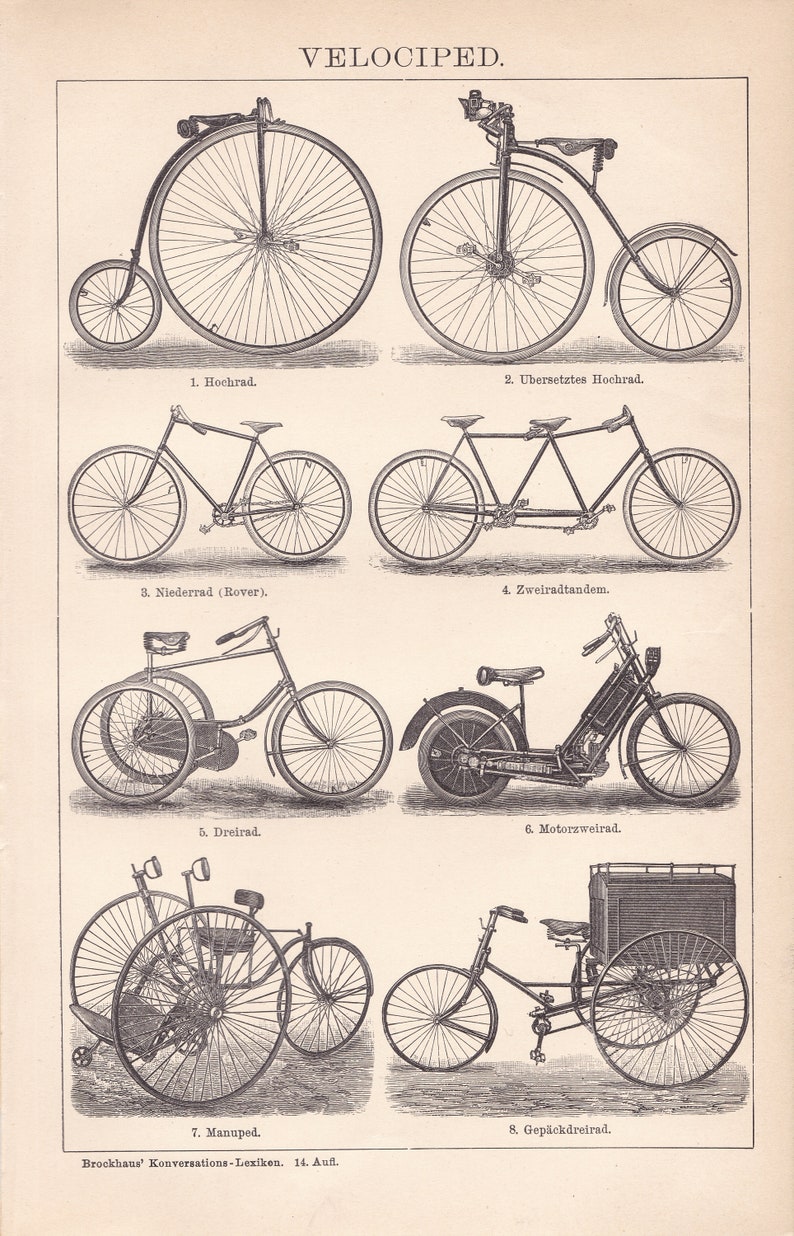 Antique 1892 Bicycles Cycling Bikes German Chromolithograph Lithograph Print Vintage Decor Collection Celebration BR1 image 2