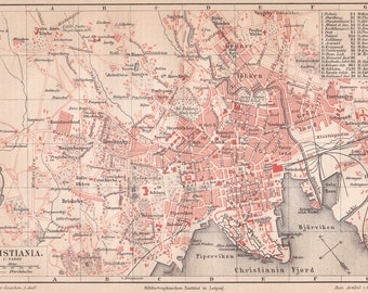 Antique 1887 Christiania Denmark Freetown German Chromolithograph Lithograph Print Meyers Konversations-LexikonVOL4