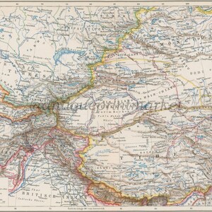 Antike 1892 Karte von Inner Asian Türkei Turkestan Deutsch Chromolithographie Lithographie Druck Buch Platte Brockhaus Konversations-Lexikon BRX01
