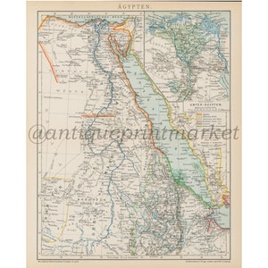 Antike 1892 Karte von Ägypten Deutsch Chromolithographie Lithographie Print pädagogische Illustration Buch Platte Brockhaus Konversations-Lexikon BRX01