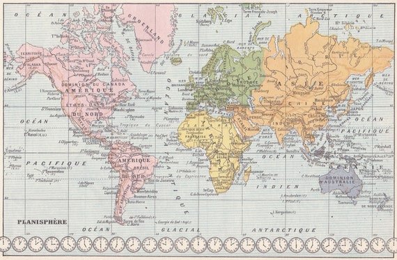 Vintage Map of World Timezones Original 1922 French Lithograph