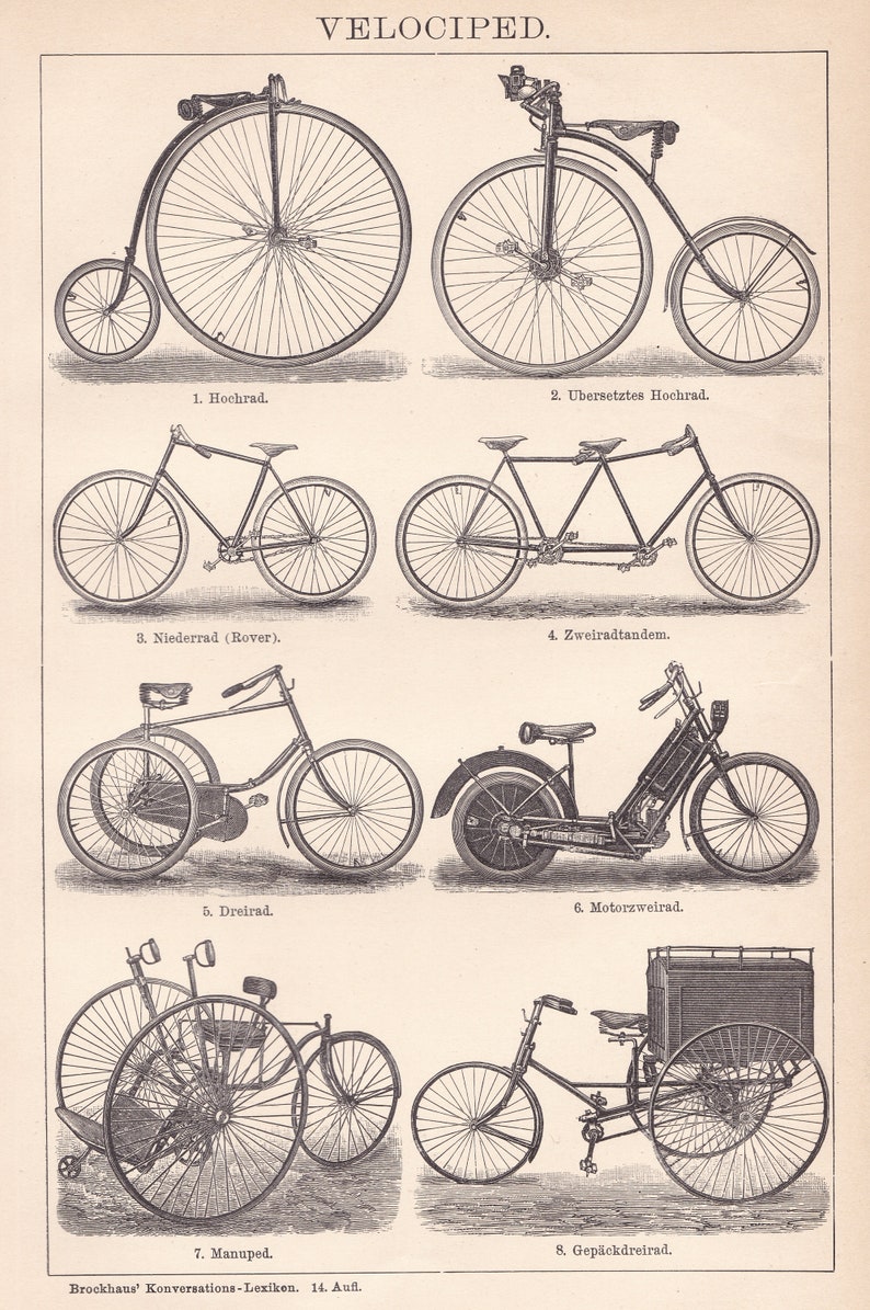 Antique 1892 Bicycles Cycling Bikes German Chromolithograph Lithograph Print Vintage Decor Collection Celebration BR1 image 3