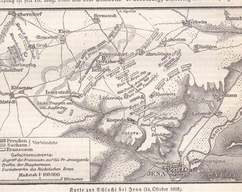 Antique 1887 Battle of Jena–Auerstedt Prussia France German Chromolithograph Lithograph Print Meyers Konversations-Lexikon VO L9