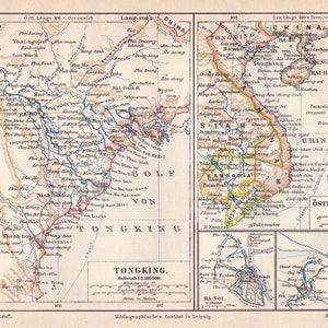 Antike 1887 Tonkin Tonking Region Vietnam China Karte Deutsch Chromolithograph Lithographie Druck Meyers Konversations-Lexikon VOL 15
