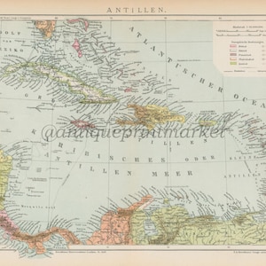 Antike 1892 Karte der Karibik Deutsch Chromolithograph Drucken pädagogische Illustration Buch Platte Brockhaus Konversations-Lexikon BRX01